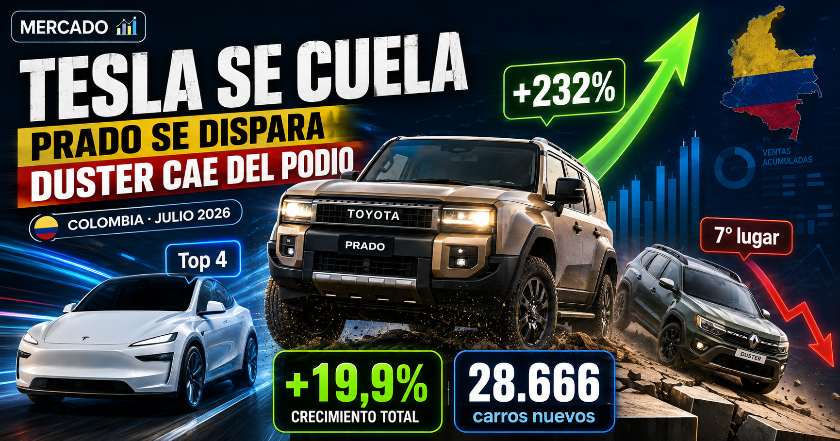 Venta de carros en Colombia julio 2026: Tesla se cuela, el Prado se dispara y la Duster cae del podio